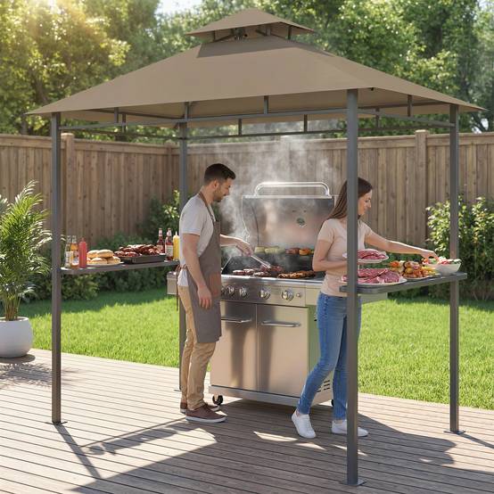 ComfortXL - Abri pour barbecue Métal 245x146cm Marron Toit double ventilé avec étagères latérales - ComfortXL Outdoor Living - Image 4