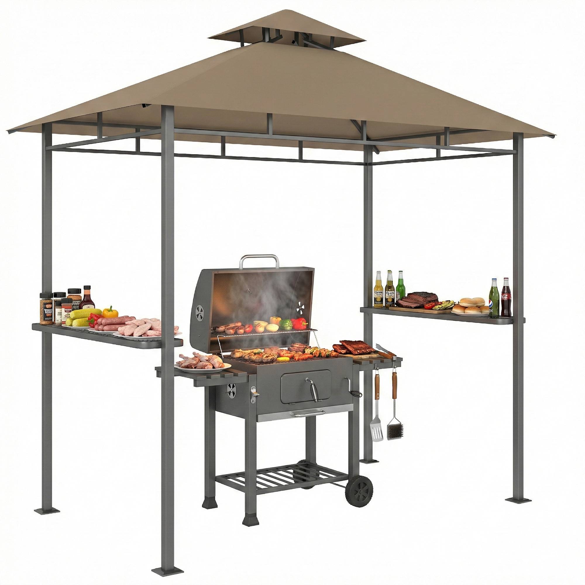 ComfortXL - Abri pour barbecue Métal 245x146cm Marron Toit double ventilé avec étagères latérales - ComfortXL Outdoor Living