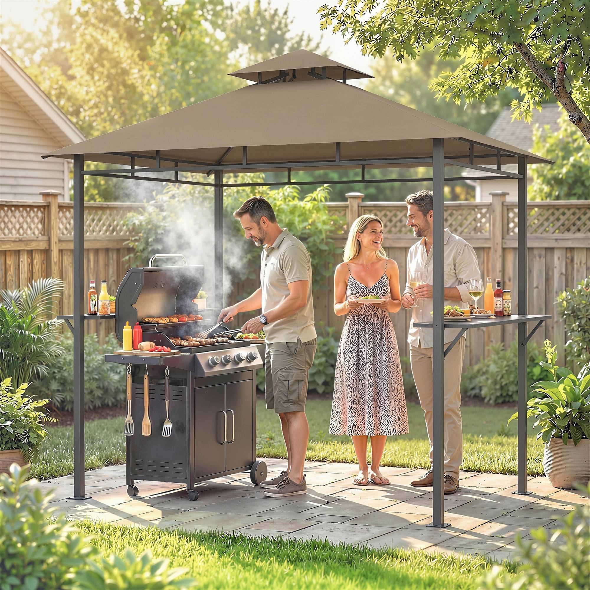 ComfortXL - Abri pour barbecue Métal 245x146cm Marron Toit double ventilé avec étagères latérales - ComfortXL Outdoor Living - Image 10