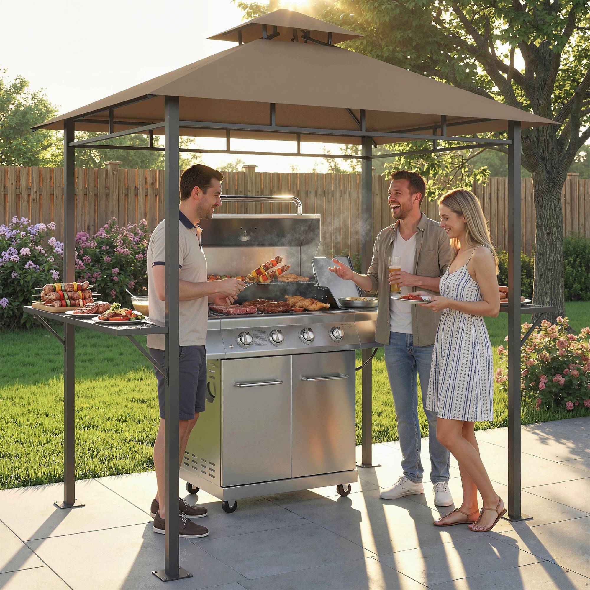ComfortXL - Abri pour barbecue Métal 245x146cm Marron Toit double ventilé avec étagères latérales - ComfortXL Outdoor Living - Image 3