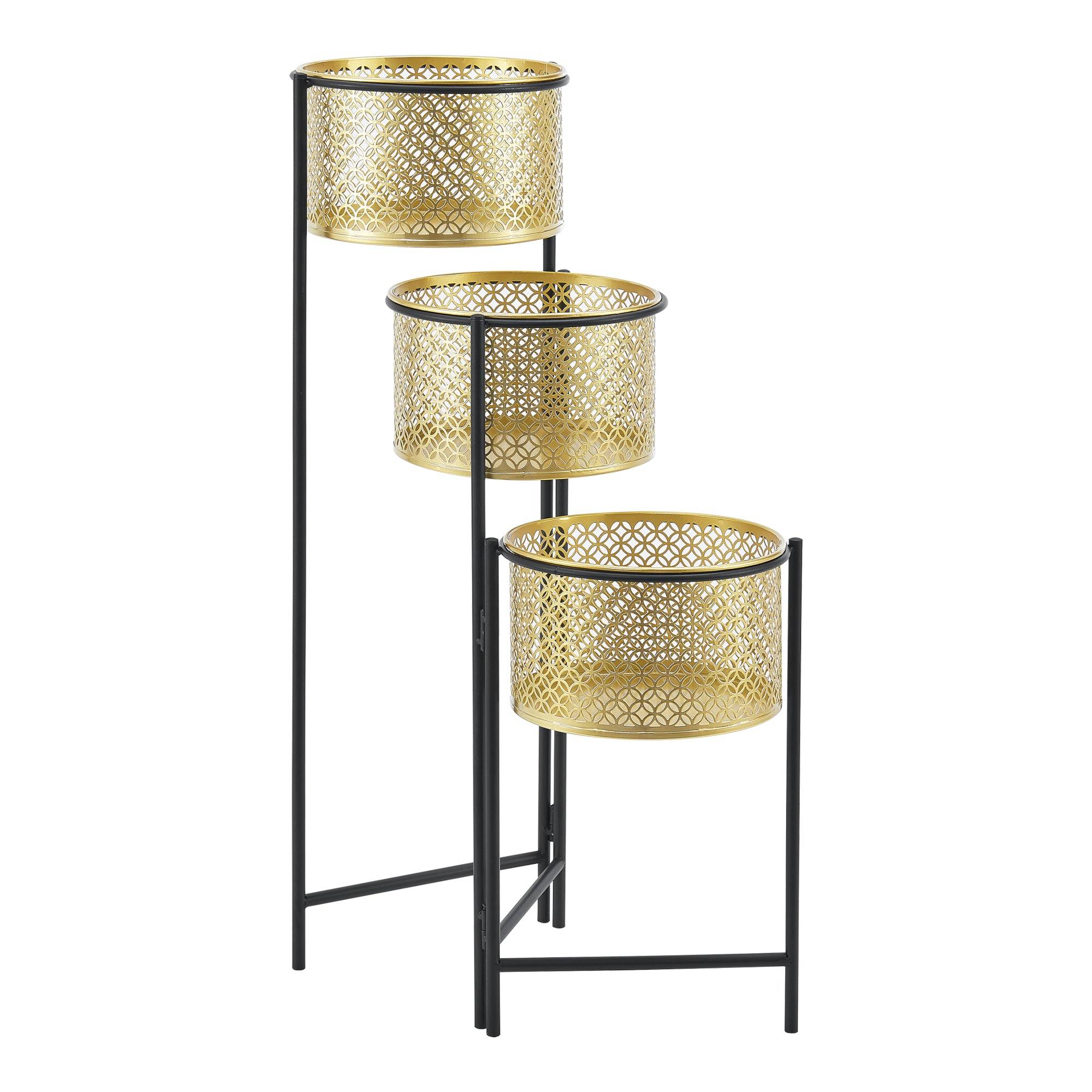 Helloshop26 - Support de plante (à 3 cache-pots) pliable noir laiton - Imagen 1
