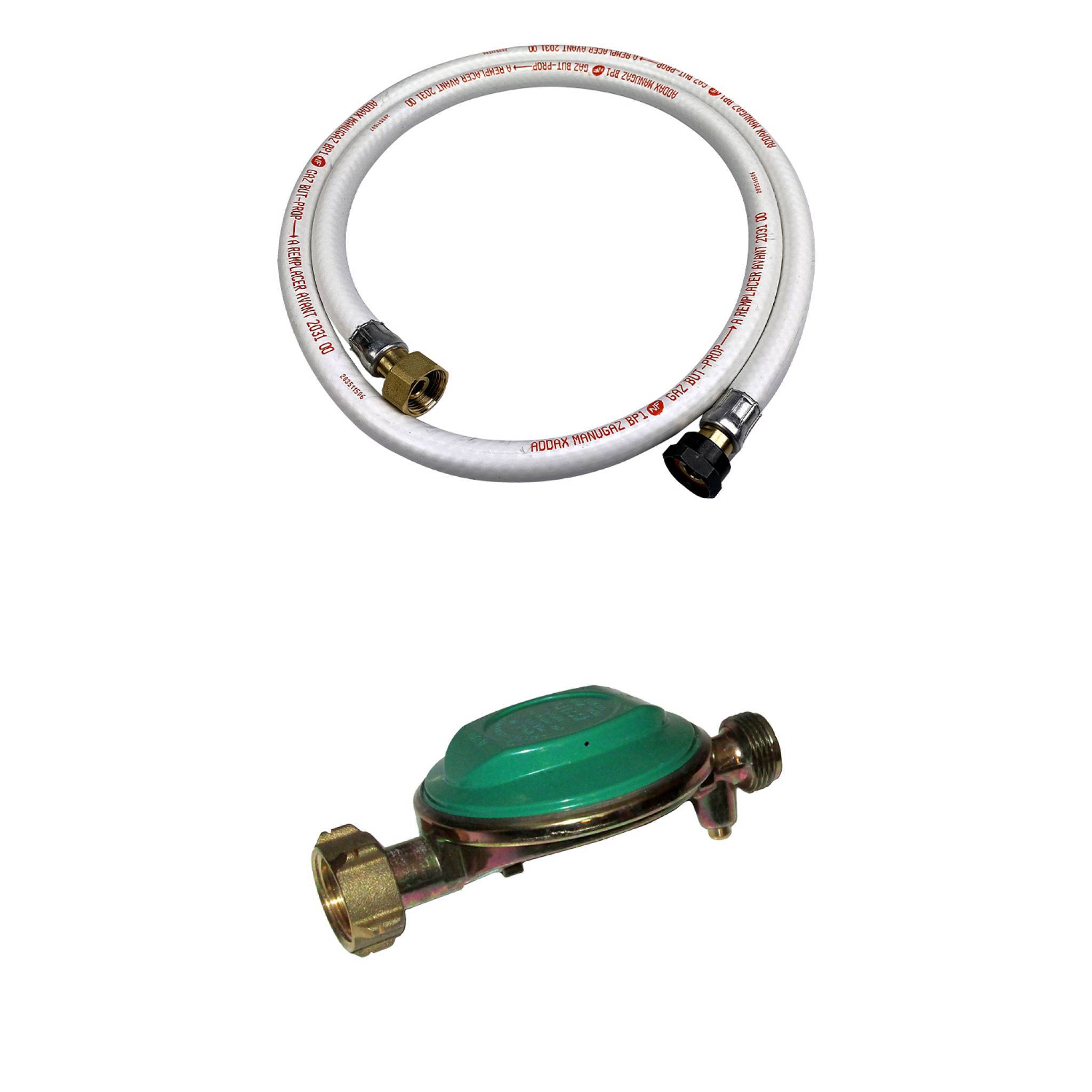 Kit Tuyau flexible de gaz 1.5 m à embouts mécaniques 25mm + Détendeur Butane 28mbar 1.3kg/h – Normes NF | sweeek - Image 1