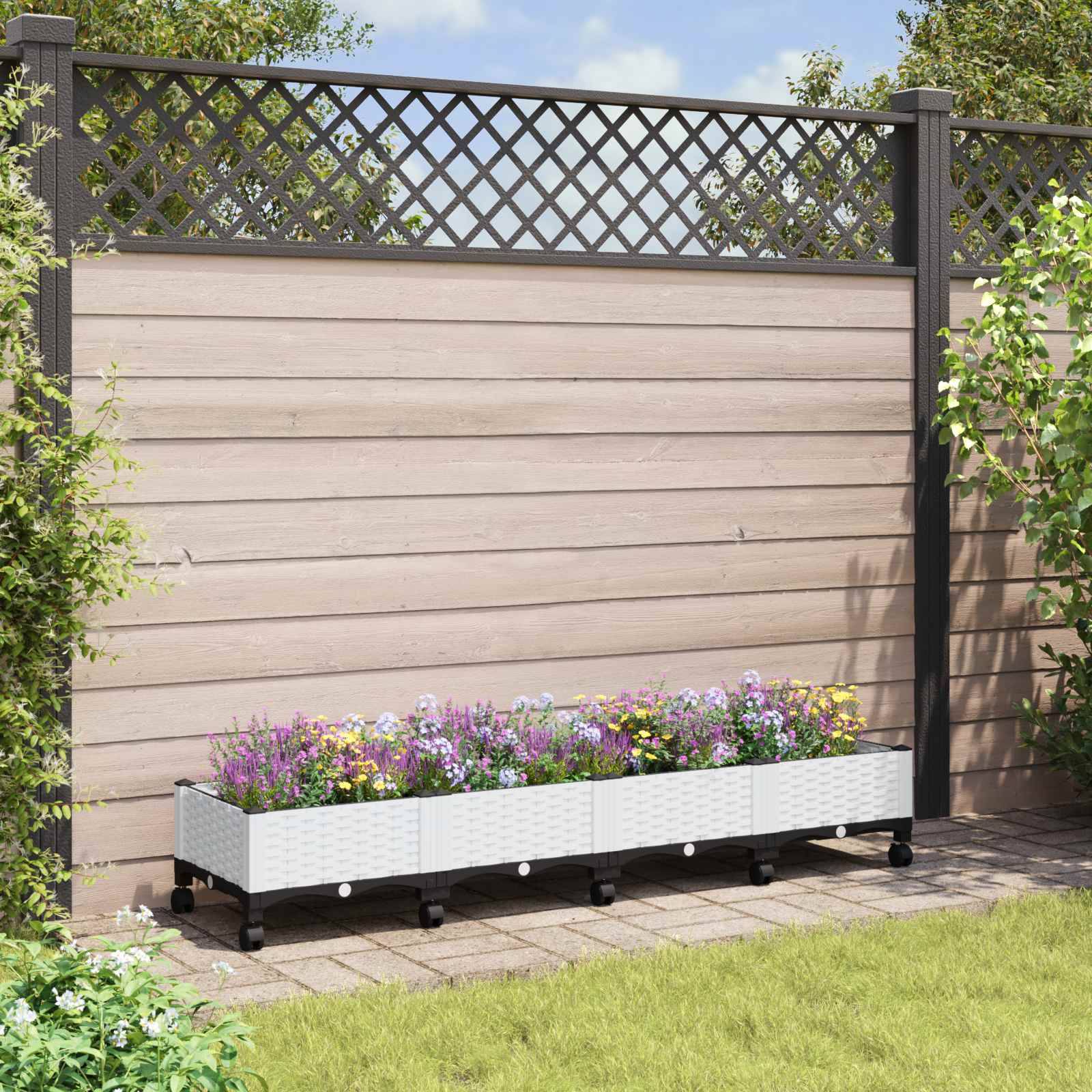 ComfortXL - Grand bac à fleurs en polypropylène pour terrasse avec drainage et roulettes 160cm blanc - ComfortXL Outdoor Living - Image 1