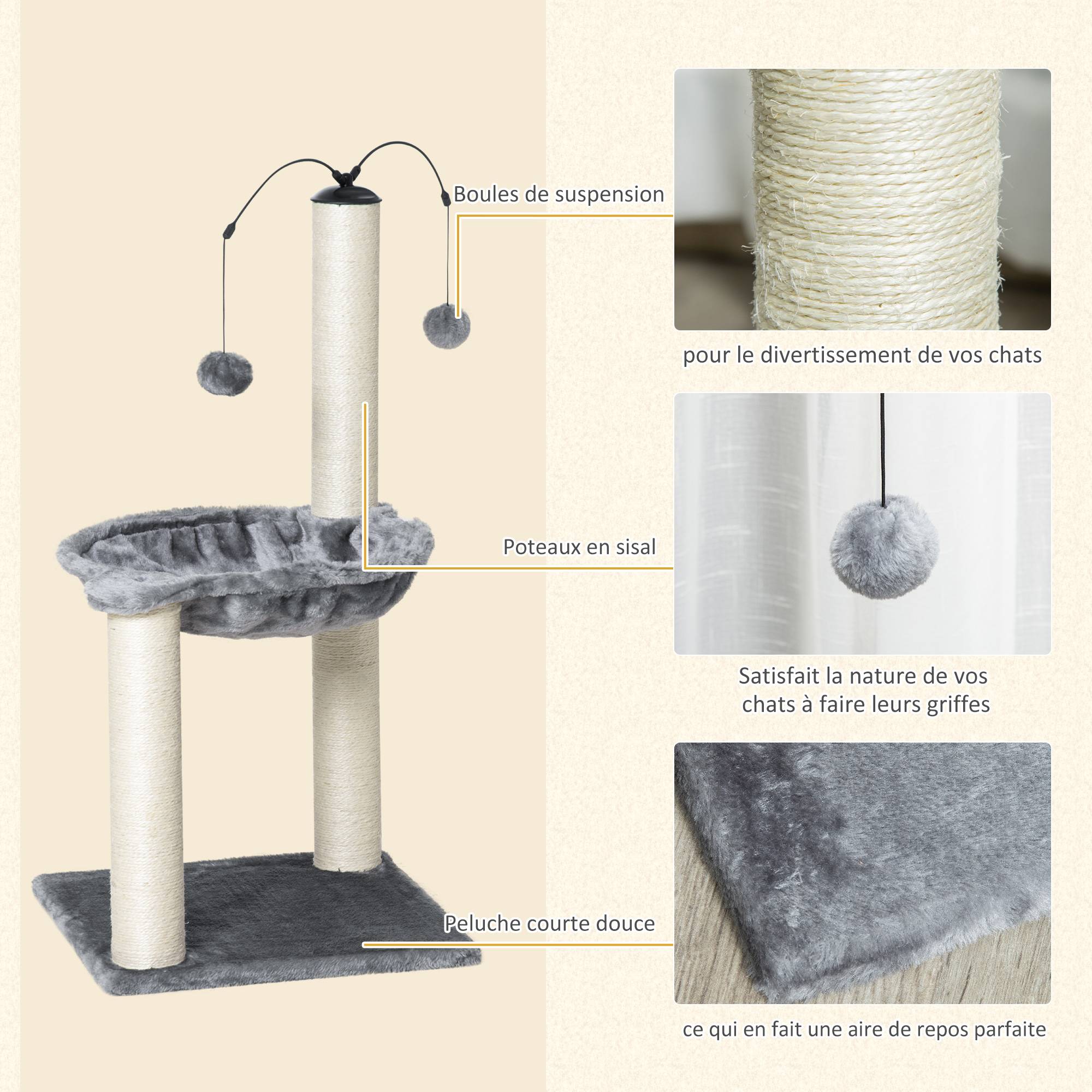 Pawhut - Arbre à chat 2 griffoirs grattoirs sisal naturel hamac jeu 2 boules suspendues peluche haute densité 400 g/m² gris - Imagen 6