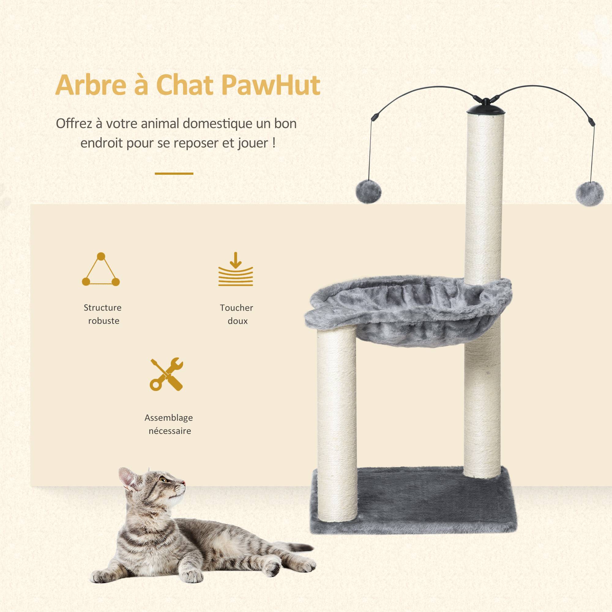Pawhut - Arbre à chat 2 griffoirs grattoirs sisal naturel hamac jeu 2 boules suspendues peluche haute densité 400 g/m² gris - Imagen 4