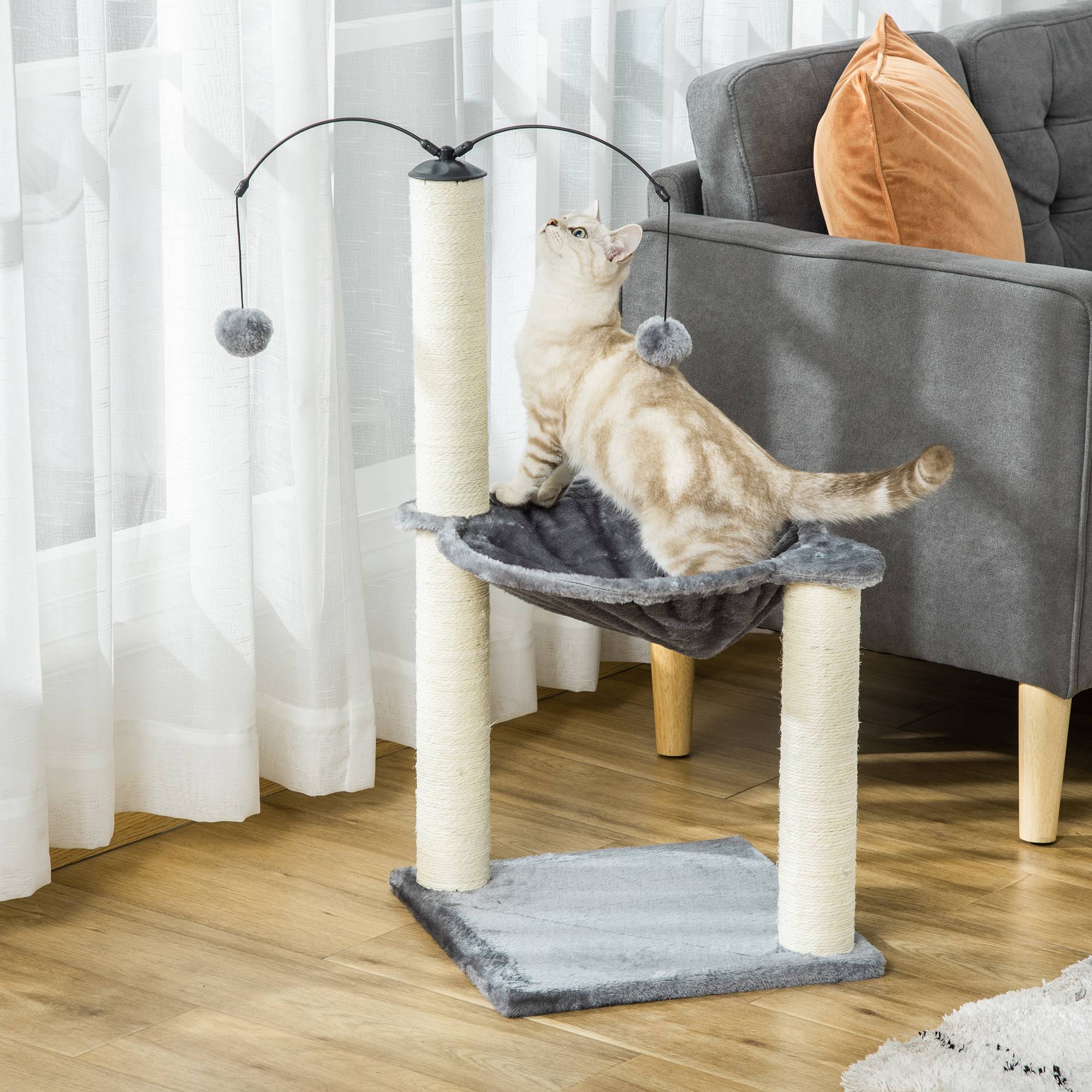 Pawhut - Arbre à chat 2 griffoirs grattoirs sisal naturel hamac jeu 2 boules suspendues peluche haute densité 400 g/m² gris - Imagen 2