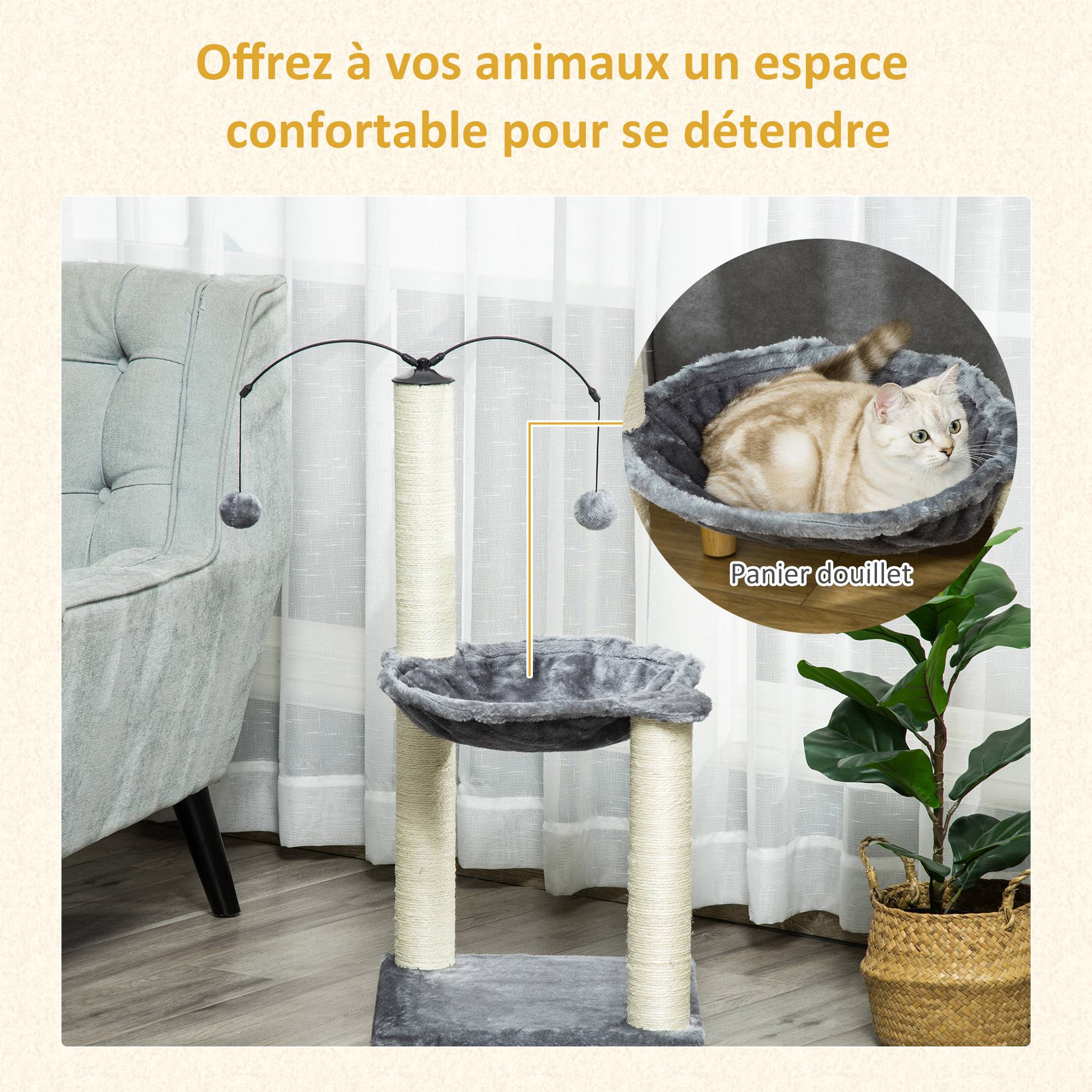 Pawhut - Arbre à chat 2 griffoirs grattoirs sisal naturel hamac jeu 2 boules suspendues peluche haute densité 400 g/m² gris - Imagen 5