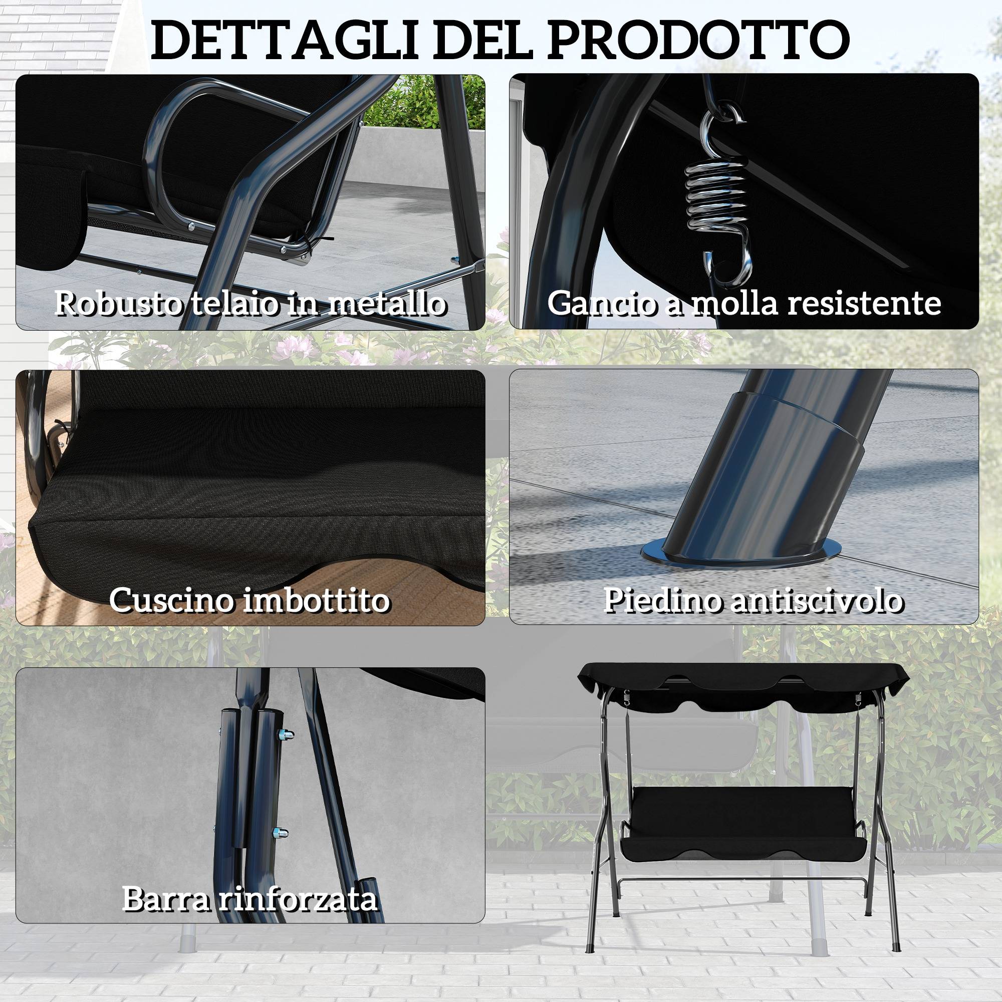 Balancelle 3 places acier jardin extérieur toit réglable 170x110x153cm noir - ComfortXL Outdoor Living - Image 7