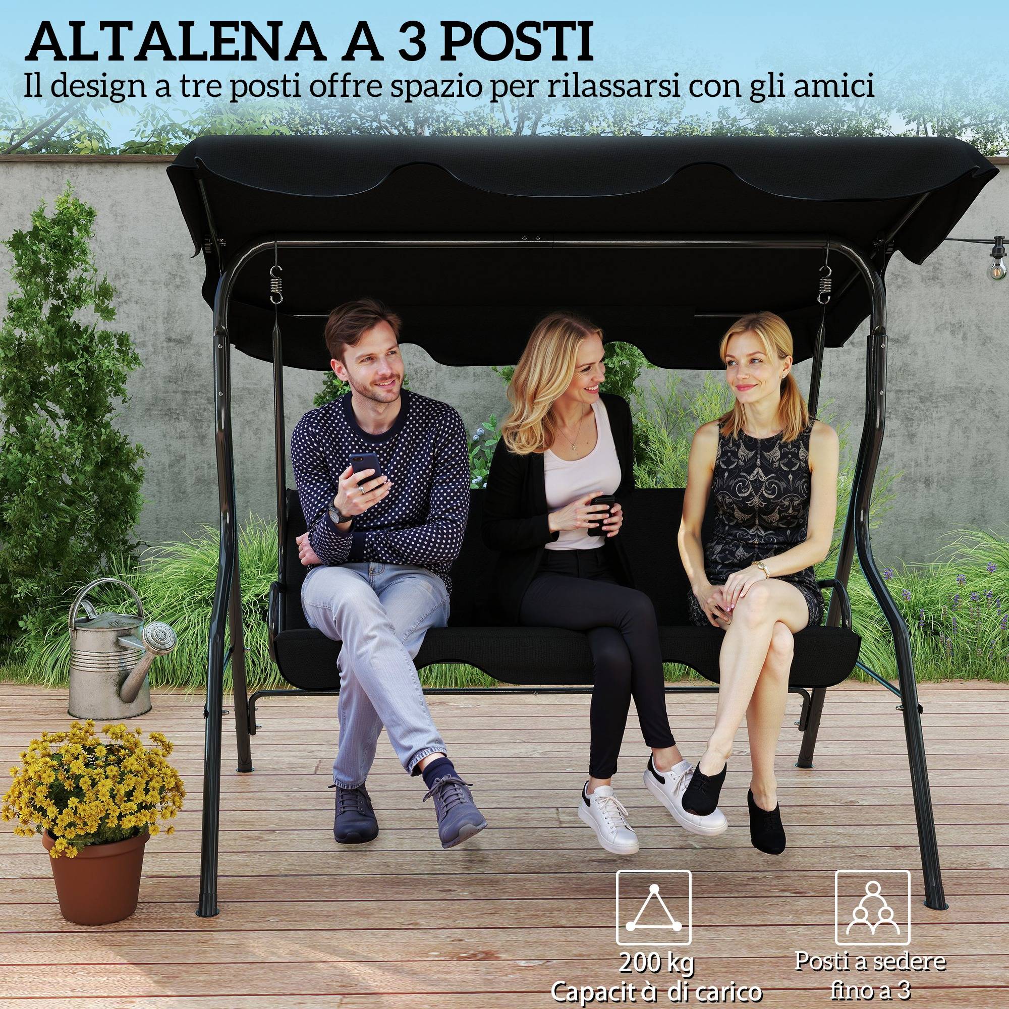 Balancelle 3 places acier jardin extérieur toit réglable 170x110x153cm noir - ComfortXL Outdoor Living - Image 8