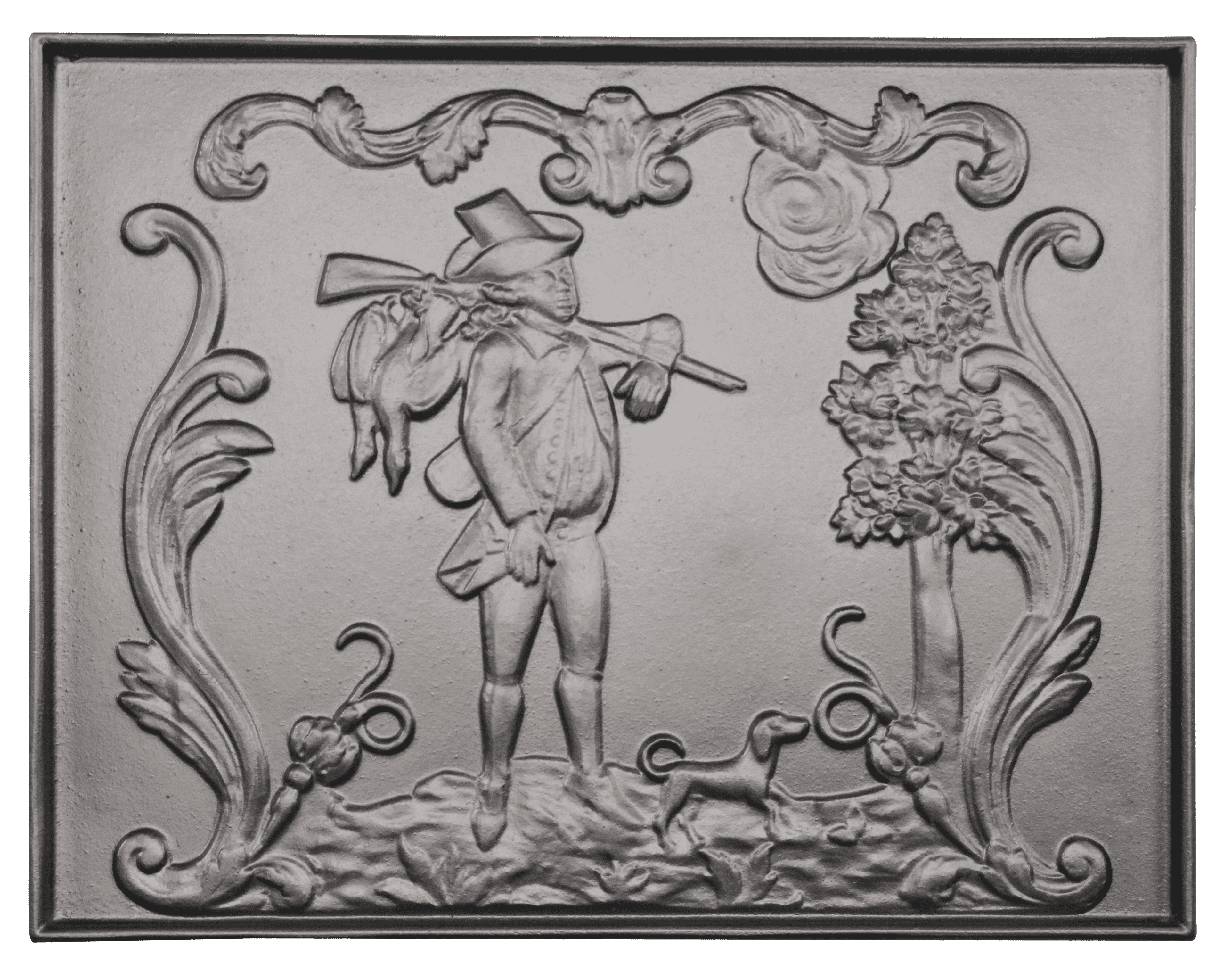 Plaque de cheminée retour de chasse Dommartin grise H. 46,5 cm X L. 58,5 cm - Imagen 1