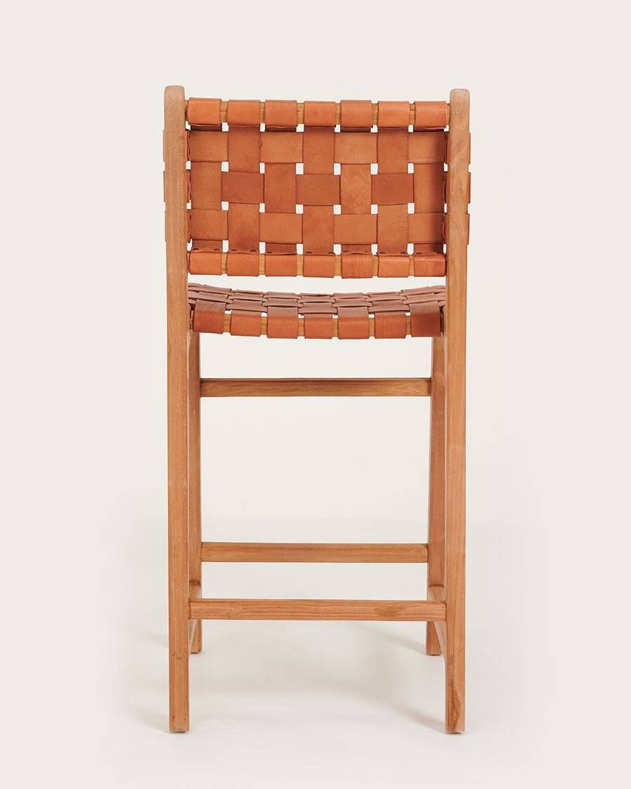 Ambra - Lot de 2 Chaise de bar en teck massif et cuir vachette tressé marron - UNIQKA - Imagen 5