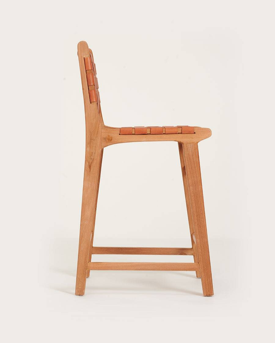 Ambra - Lot de 2 Chaise de bar en teck massif et cuir vachette tressé marron - UNIQKA - Imagen 4