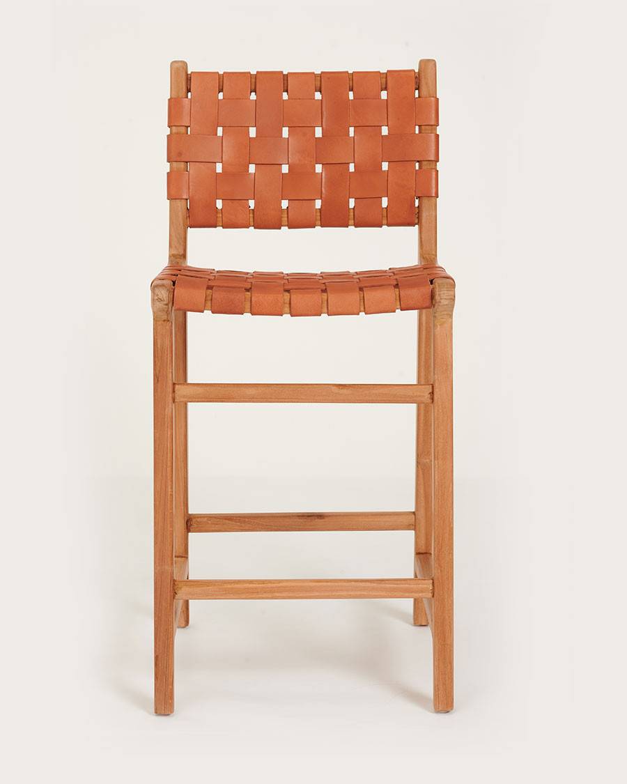 Ambra - Lot de 2 Chaise de bar en teck massif et cuir vachette tressé marron - UNIQKA - Imagen 3