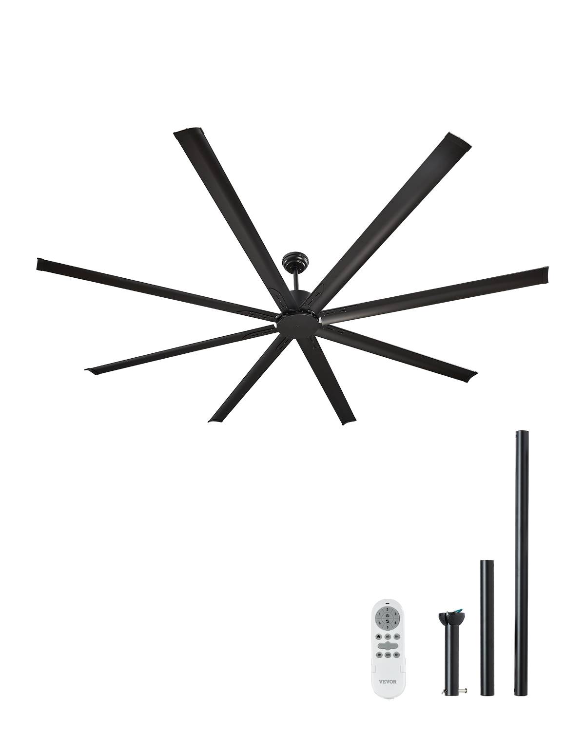 VEVOR Ventilateur plafond sans lumière 243 cm, 8 pales alu, télécommande. Moteur CC, noir. - Image 1