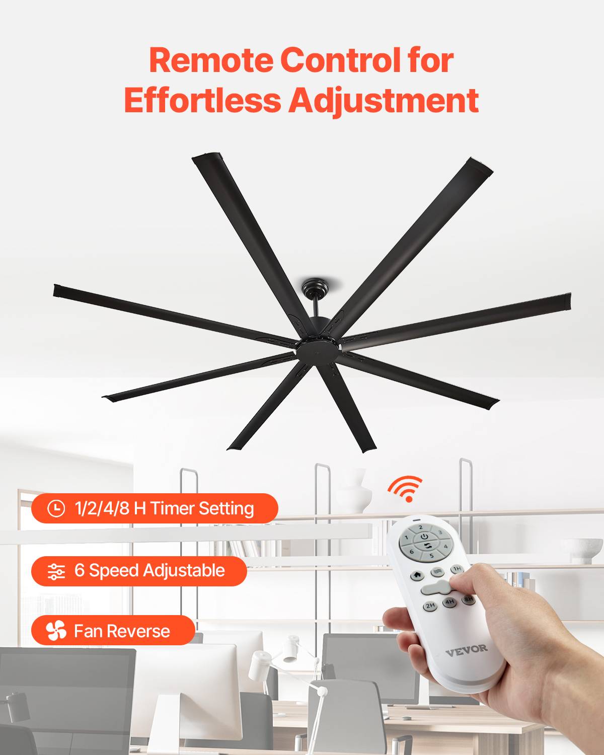 VEVOR Ventilateur plafond sans lumière 243 cm, 8 pales alu, télécommande. Moteur CC, noir. - Image 5
