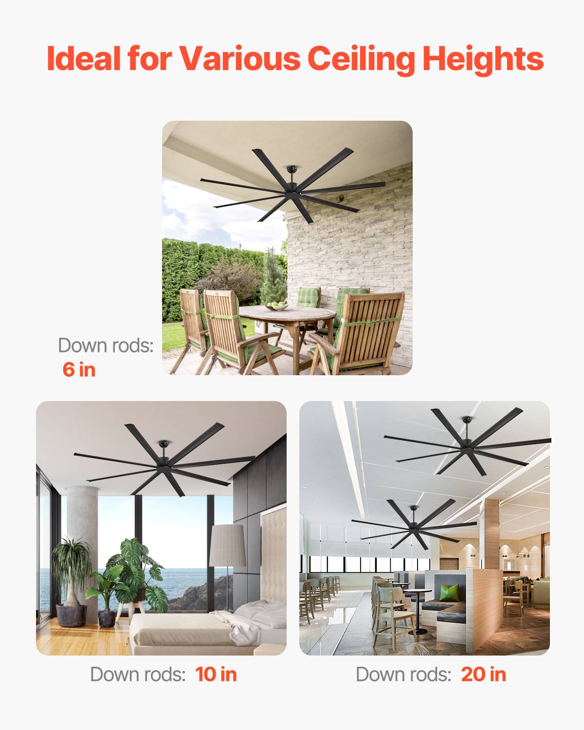 VEVOR Ventilateur plafond sans lumière 243 cm, 8 pales alu, télécommande. Moteur CC, noir. - Image 6