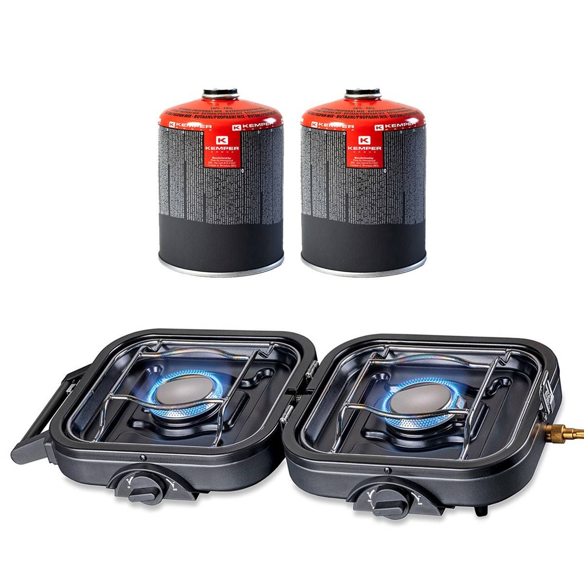 Réchaud gaz 2 feux 4600W pliable + 2 Cartouches de gaz KEMPER - Imagen 1