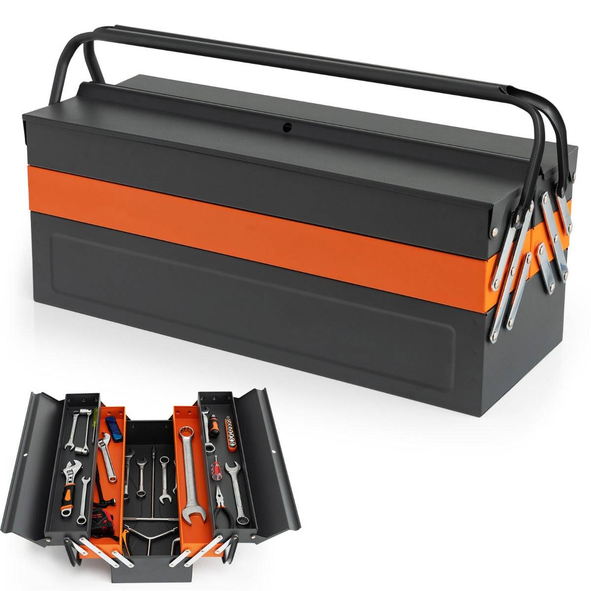 Helloshop26 - Boîte à outils pliable en métal à 5 plateaux coffre avec poignée pratique charge chaque plateau 10 kg pour atelier de réparation gris+orange - Imagen 1