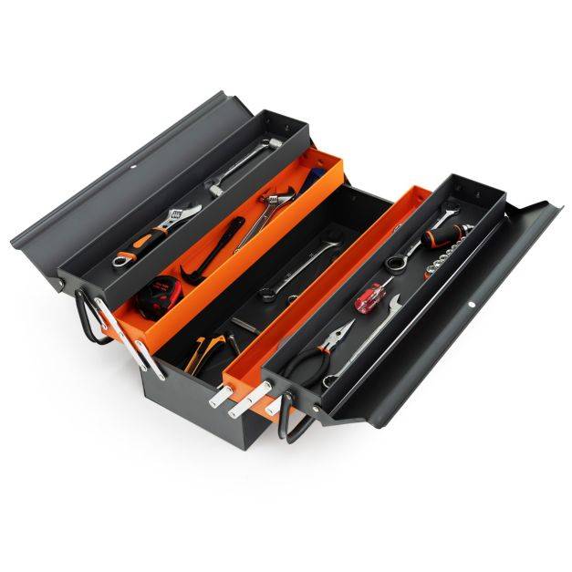 Helloshop26 - Boîte à outils pliable en métal à 5 plateaux coffre avec poignée pratique charge chaque plateau 10 kg pour atelier de réparation gris+orange - Imagen 2