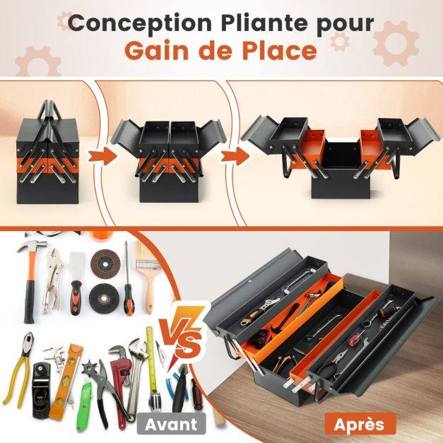 Helloshop26 - Boîte à outils pliable en métal à 5 plateaux coffre avec poignée pratique charge chaque plateau 10 kg pour atelier de réparation gris+orange - Imagen 3