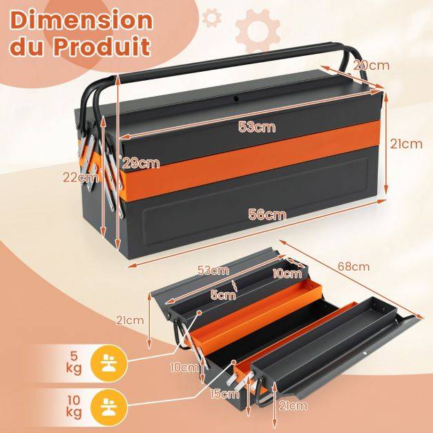 Helloshop26 - Boîte à outils pliable en métal à 5 plateaux coffre avec poignée pratique charge chaque plateau 10 kg pour atelier de réparation gris+orange - Imagen 4