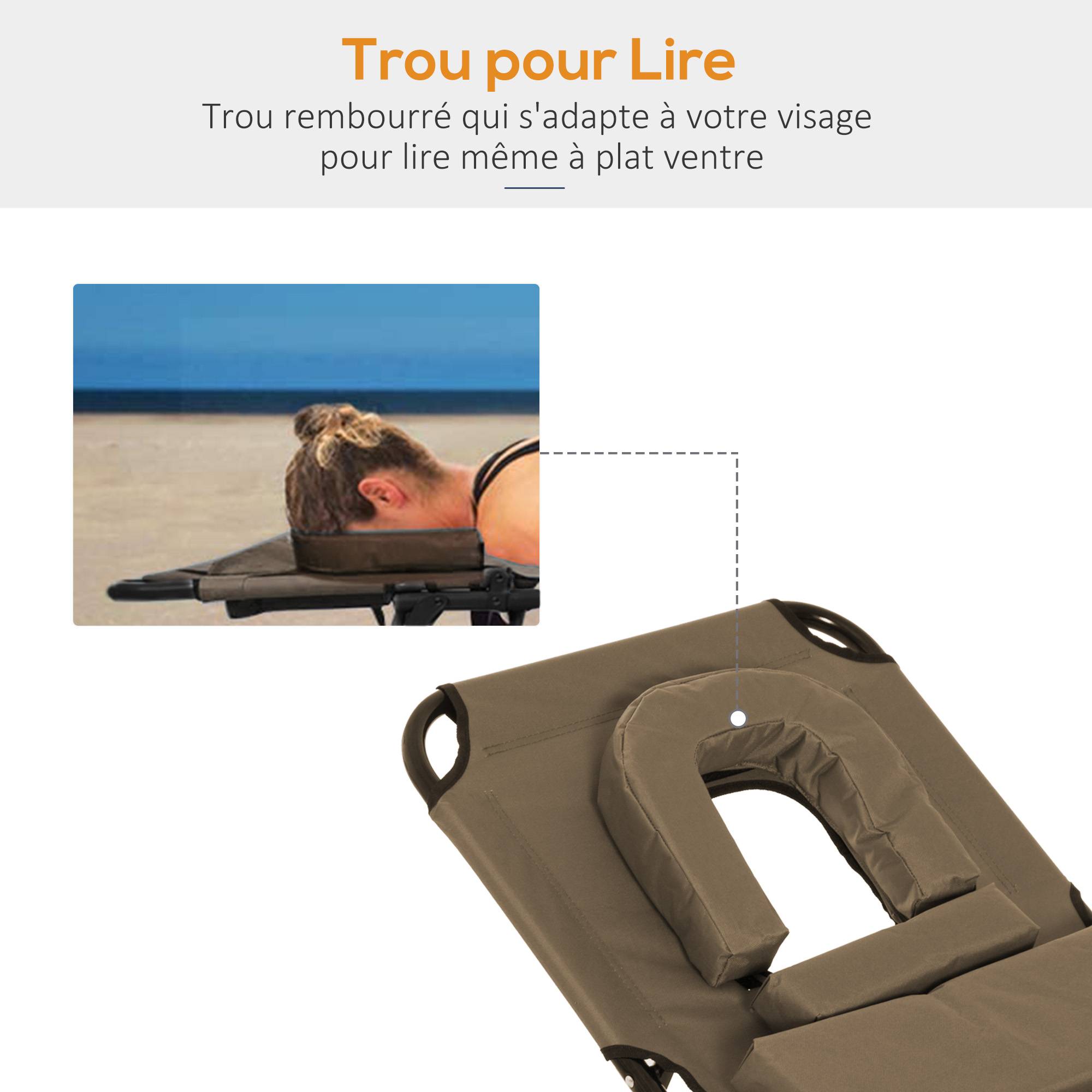 Outsunny - Chaise longue pliante 190x56x28cm avec appuie-tête, trou de lecture, 4 positions inclinable Oxford 600D marron - Outsunny - Image 7