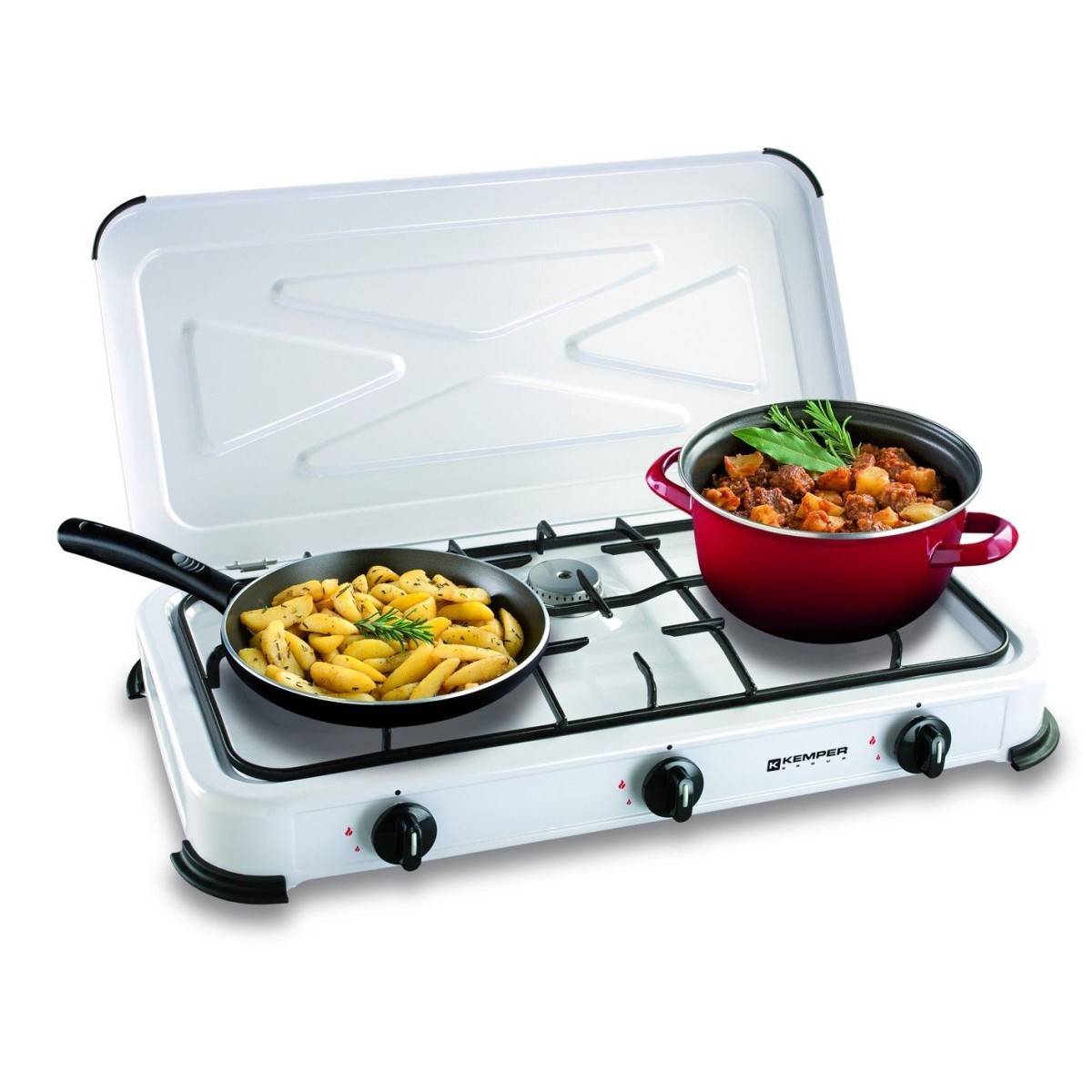 Réchaud gaz portable 3 feux 3450W Blanc laqué Couvercle Plaque de cuisson + Tuyau gaz KEMPER - Imagen 2