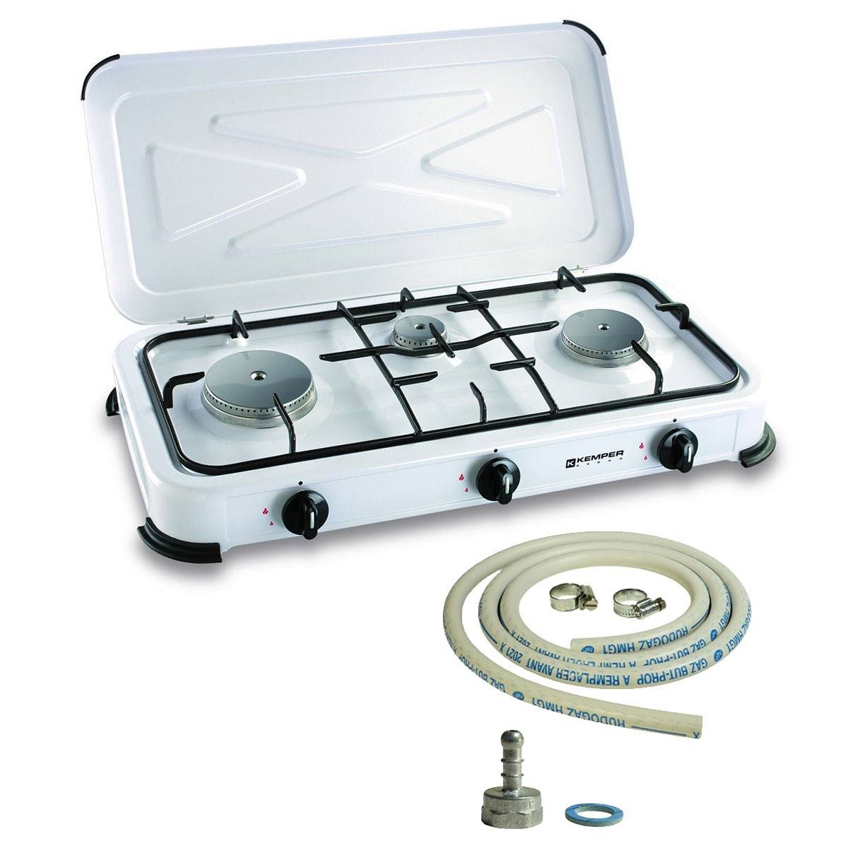 Réchaud gaz portable 3 feux 3450W Blanc laqué Couvercle Plaque de cuisson + Tuyau gaz KEMPER - Imagen 1