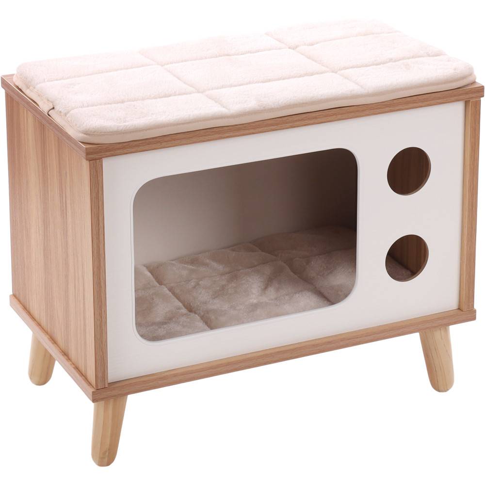Meuble TV Fino Blanc & Brun & Naturel,50 x 29 x 41H pour chat - Imagen 1