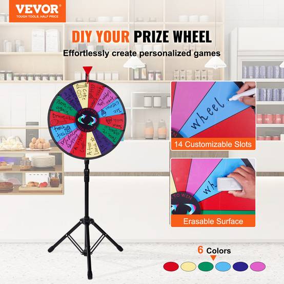 VEVOR Roue loterie 45cm, 14 fentes effaçables à sec, support trépied réglable, rotation douce, stylo. - Image 2