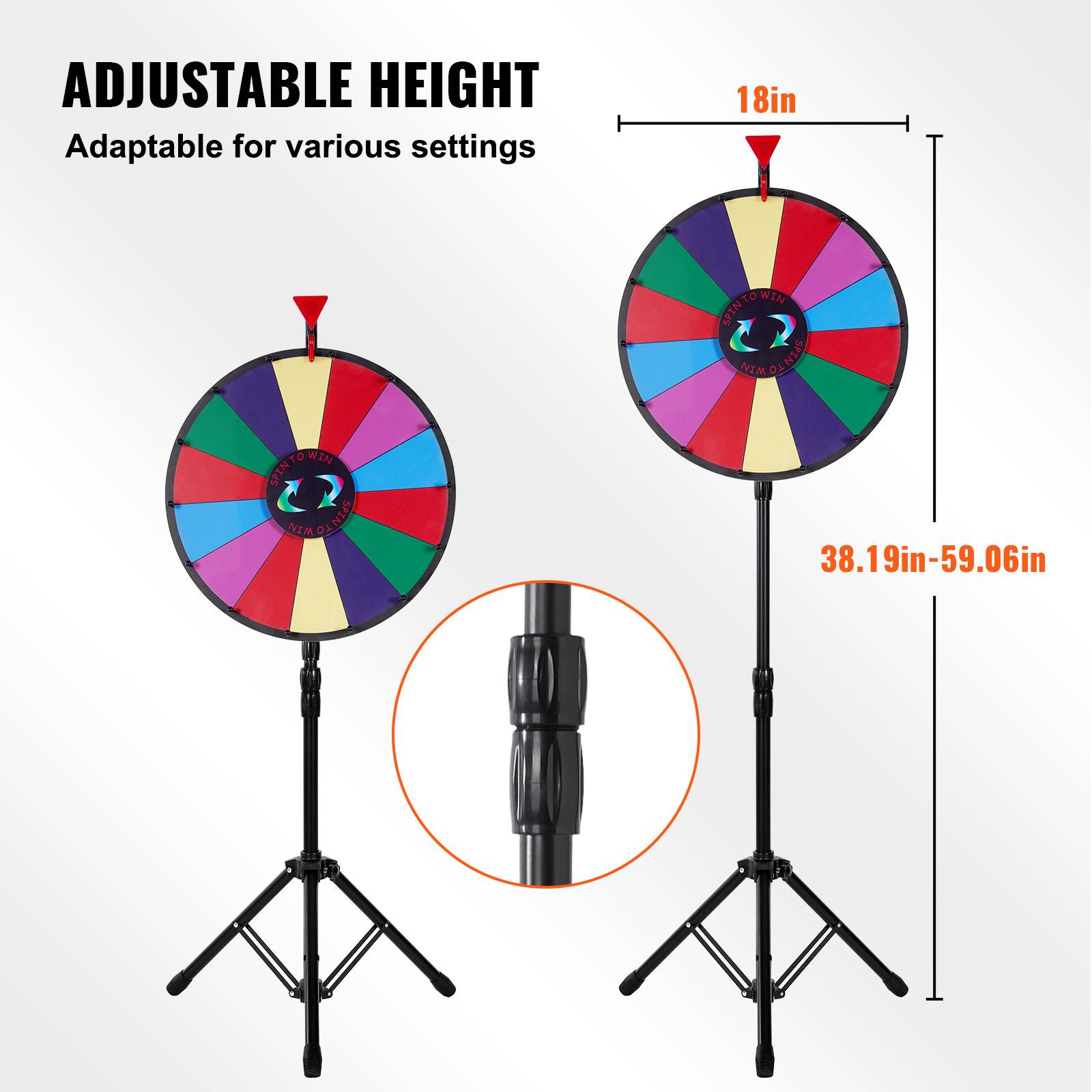 VEVOR Roue loterie 45cm, 14 fentes effaçables à sec, support trépied réglable, rotation douce, stylo. - Image 5