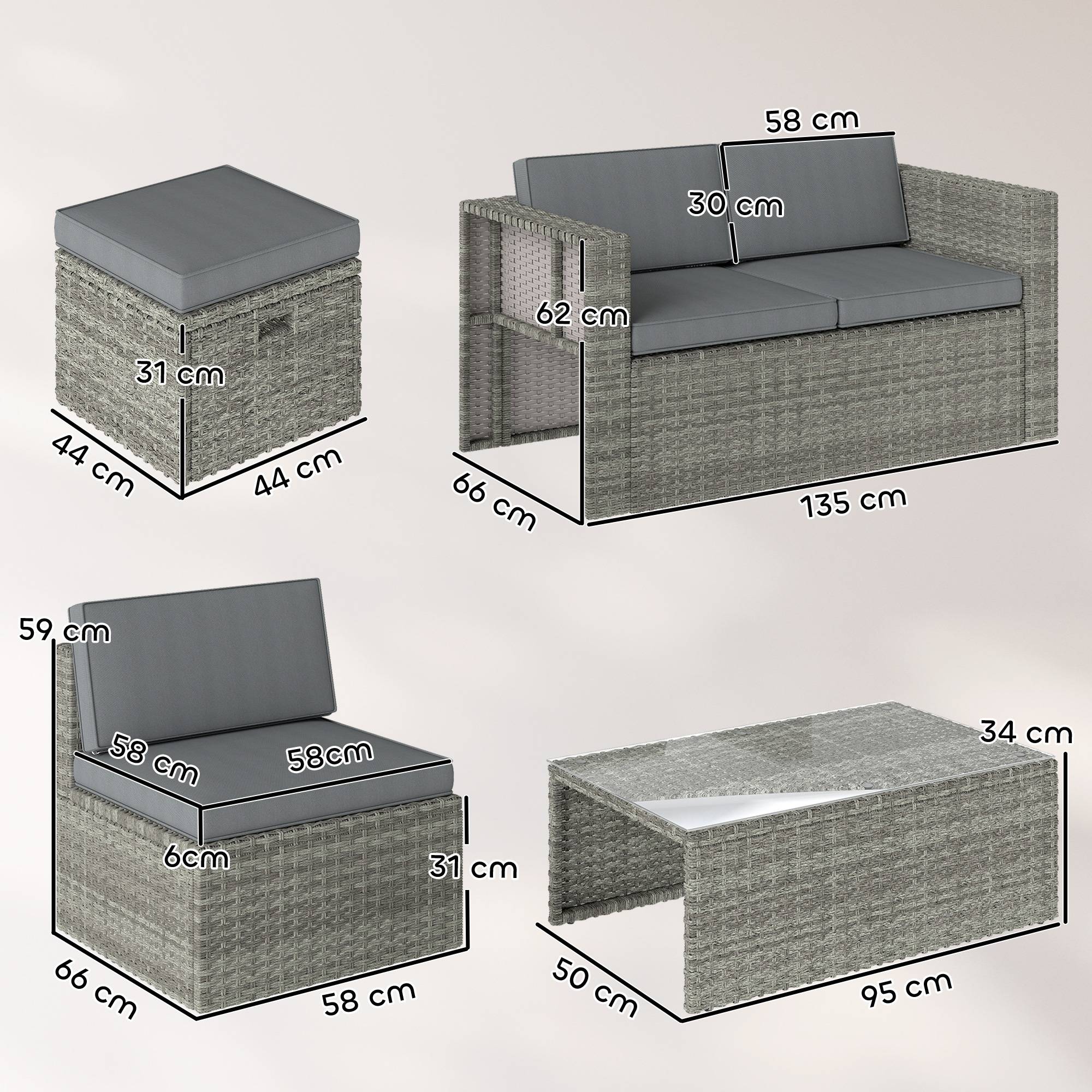 ComfortXL - Salon de Jardin Encastrable 6 Pièces Résine Tressée Terrasse Repos Optimisé 135x66x62cm Gris - ComfortXL Outdoor Living - Image 5