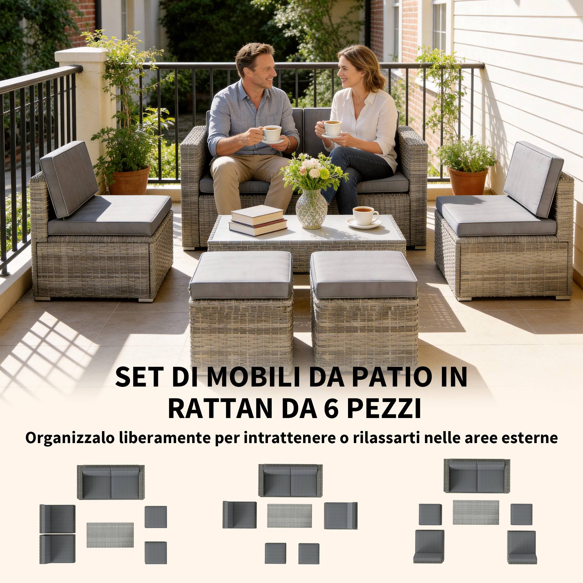 ComfortXL - Salon de Jardin Encastrable 6 Pièces Résine Tressée Terrasse Repos Optimisé 135x66x62cm Gris - ComfortXL Outdoor Living - Image 6