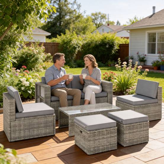 ComfortXL - Salon de Jardin Encastrable 6 Pièces Résine Tressée Terrasse Repos Optimisé 135x66x62cm Gris - ComfortXL Outdoor Living - Image 4