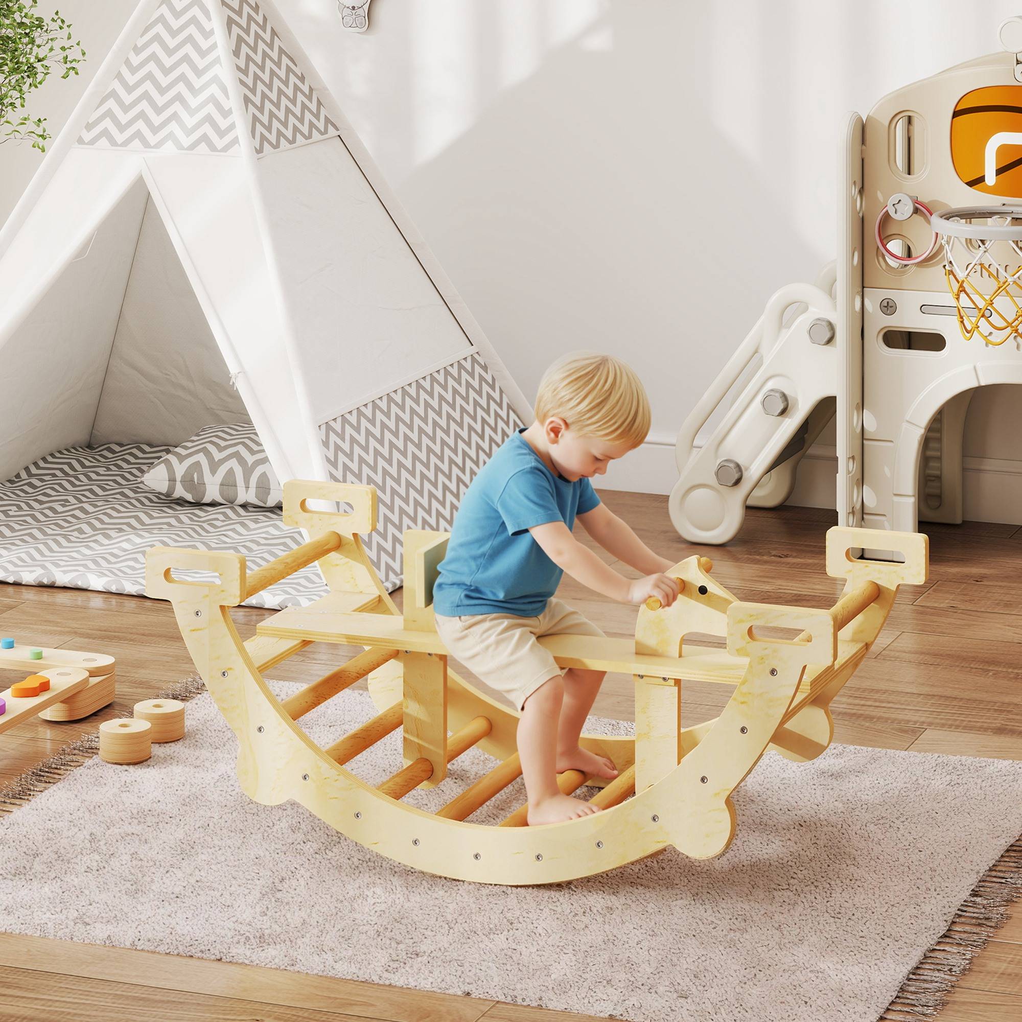 Sans Marque - Arche escalade cheval bascule bois 2en1 structure Montessori 2-4 ans naturelle - Image 4