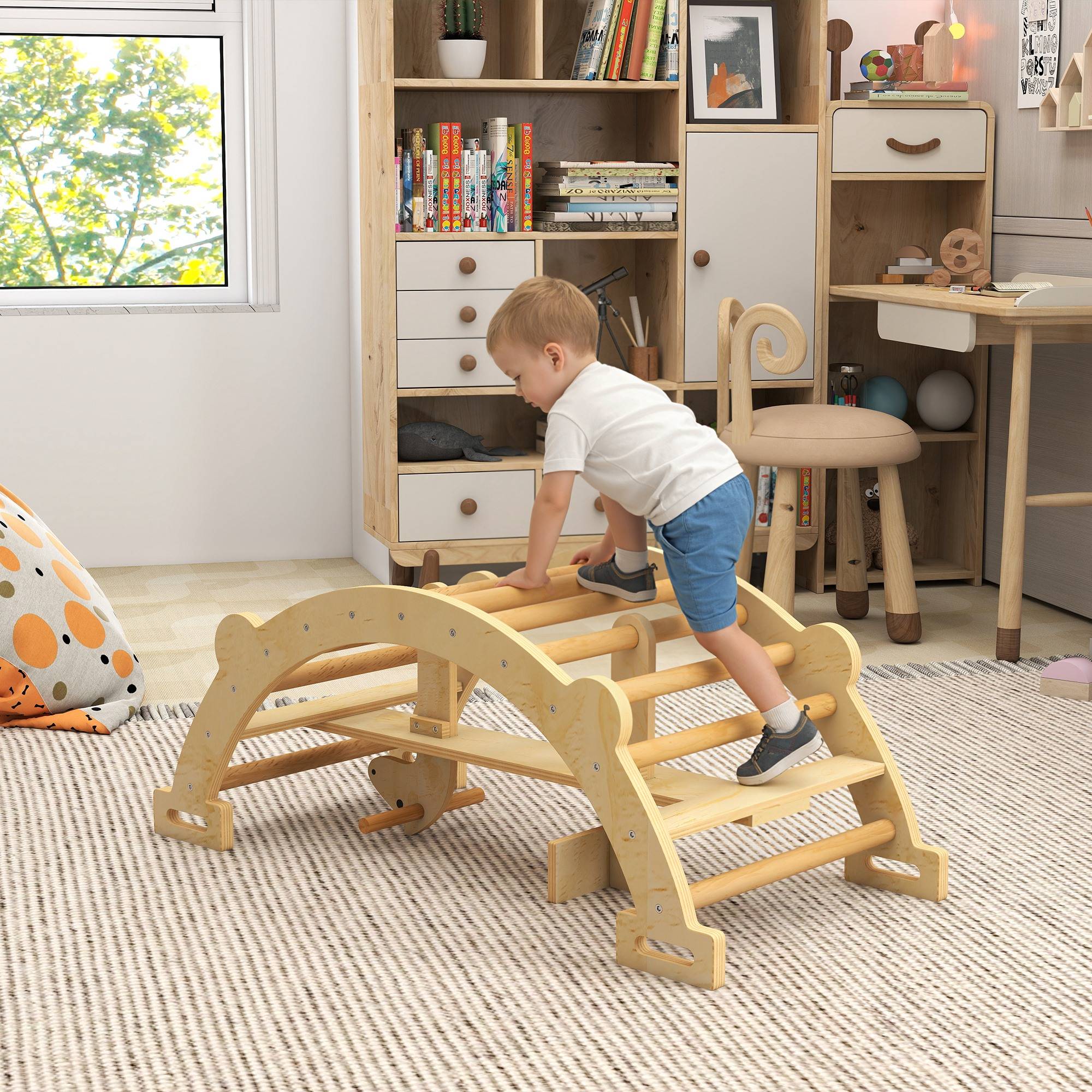 Sans Marque - Arche escalade cheval bascule bois 2en1 structure Montessori 2-4 ans naturelle - Image 3
