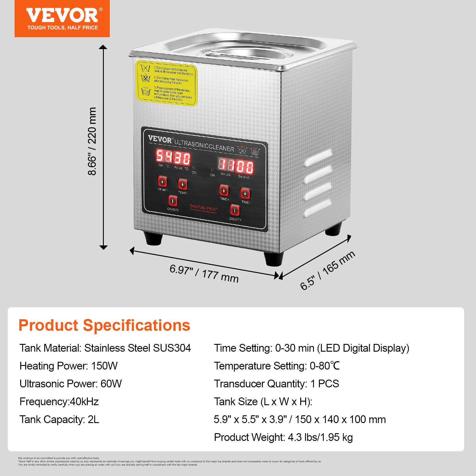 Vevor - VEVOR Nettoyeur ultrasons 2L inox numérique, chauffage, réglable temps/température, labo/pro. - Image 7