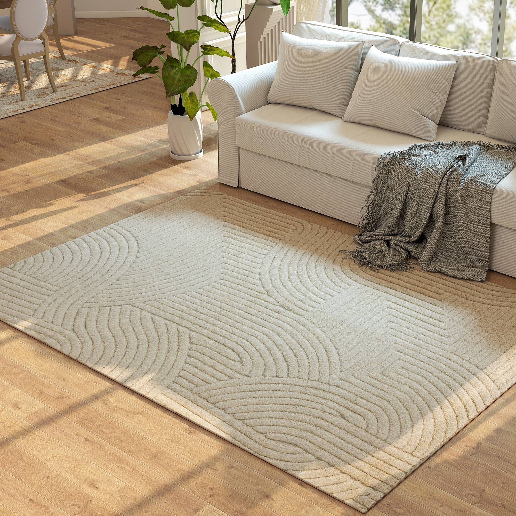Sans Marque - Tapis salon 230x160 cm poils épais géométrique moelleux antidérapant crème - Image 4