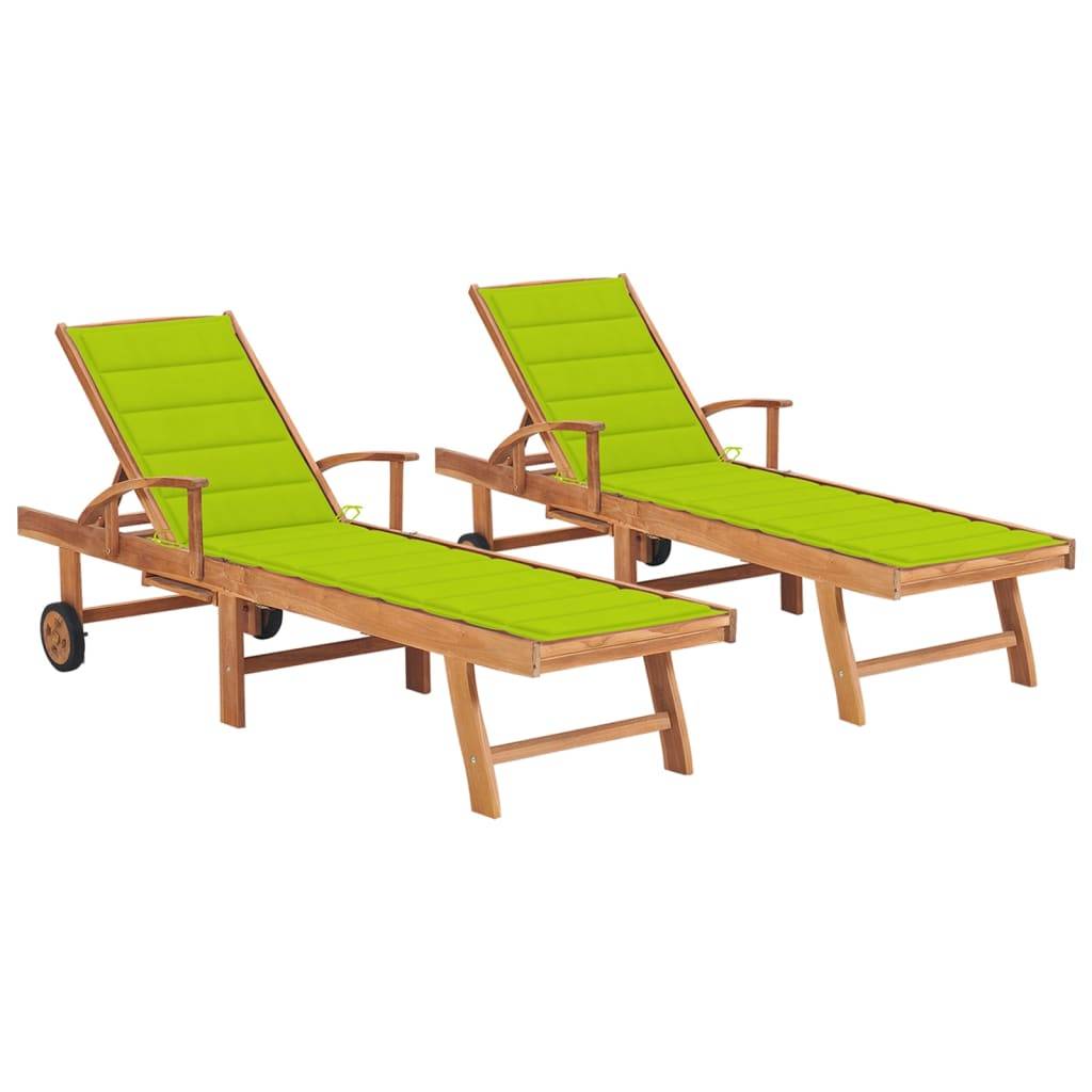 Helloshop26 - Lot de 2 transats chaise longue bain de soleil lit de jardin terrasse meuble d'extérieur avec coussin vert vif bois de teck solide - Imagen 1