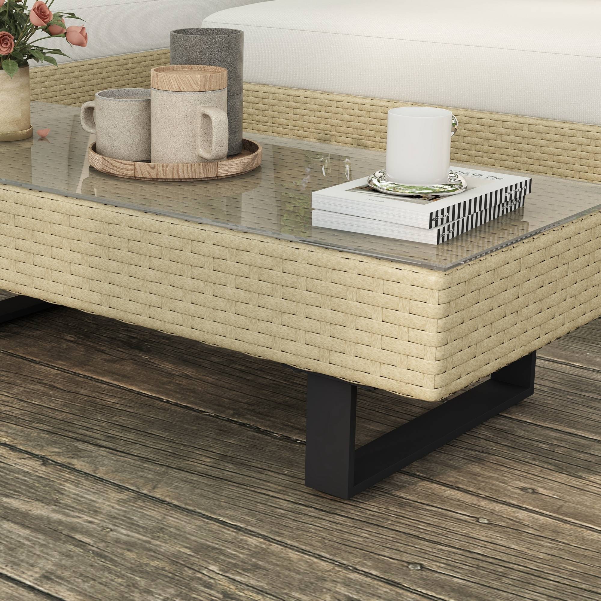 Outsunny - Ensemble salon de jardin d'angle 5 places design contemporain coussins déhoussables table basse acier époxy résine tressée beige - Outsunny - Imagen 7