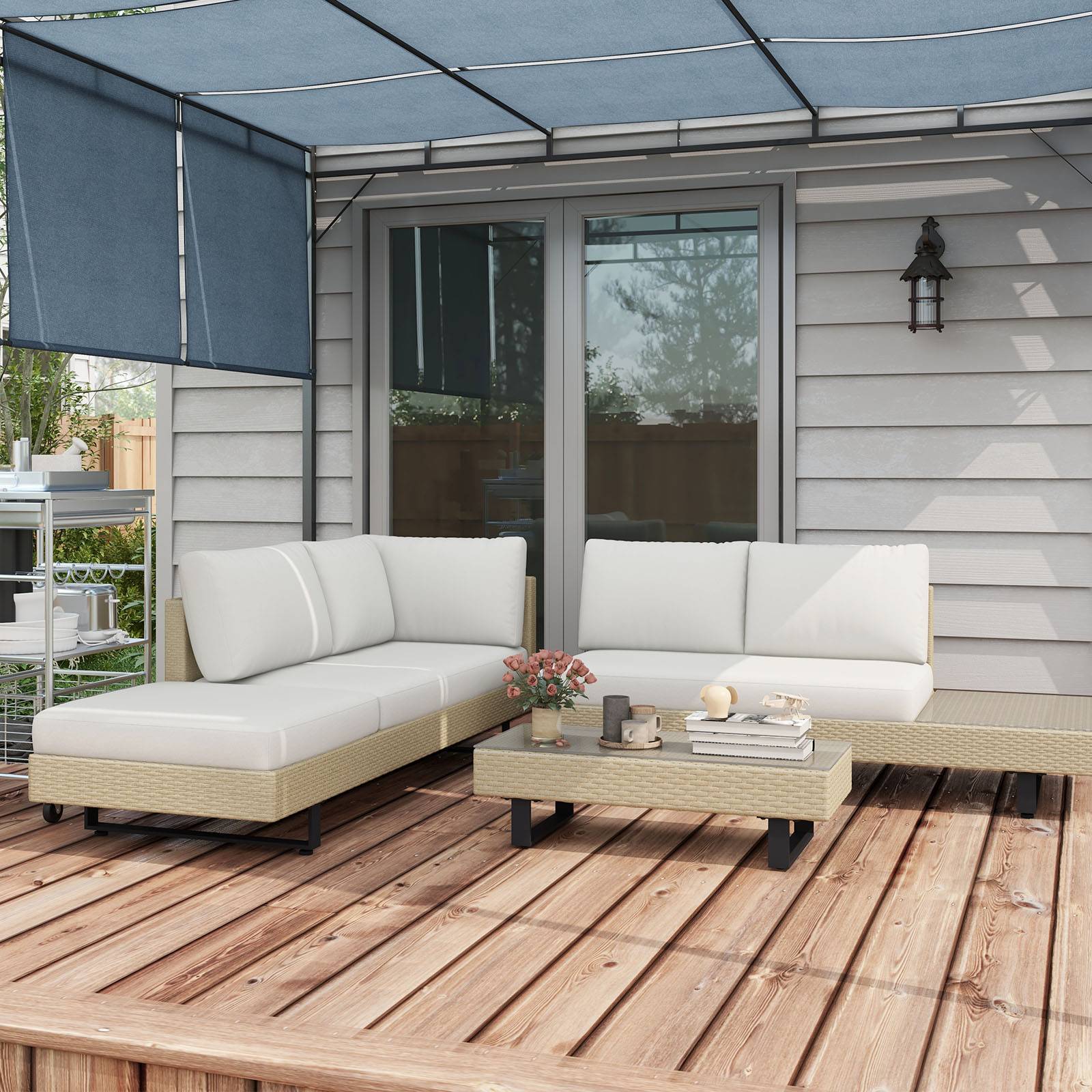 Outsunny - Ensemble salon de jardin d'angle 5 places design contemporain coussins déhoussables table basse acier époxy résine tressée beige - Outsunny - Imagen 4