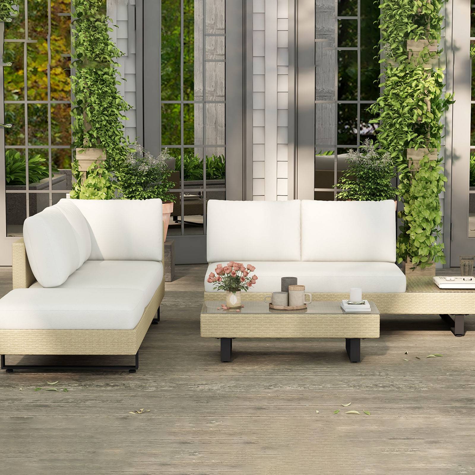 Outsunny - Ensemble salon de jardin d'angle 5 places design contemporain coussins déhoussables table basse acier époxy résine tressée beige - Outsunny - Imagen 2