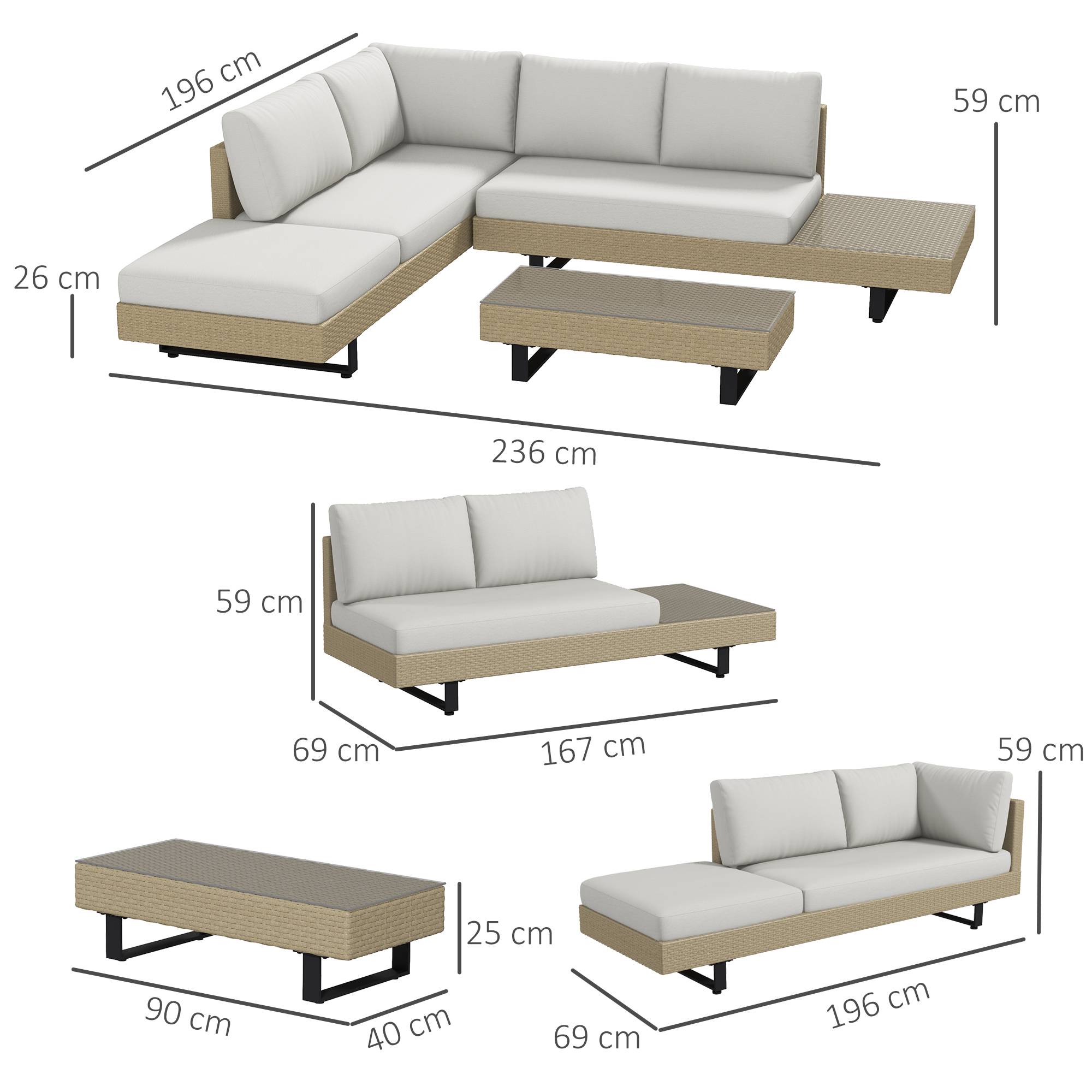 Outsunny - Ensemble salon de jardin d'angle 5 places design contemporain coussins déhoussables table basse acier époxy résine tressée beige - Outsunny - Imagen 3