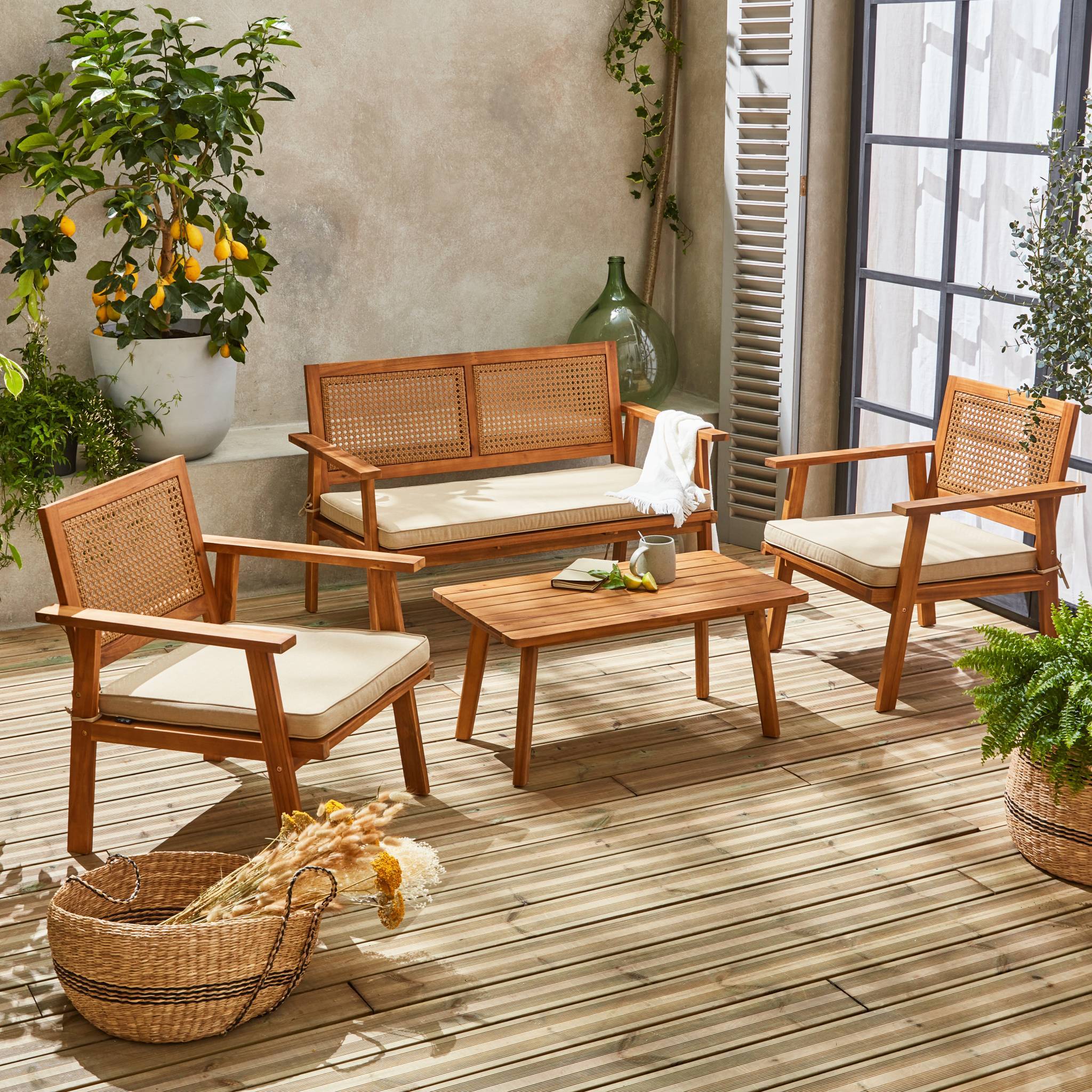 Salon de jardin. Bohémia. cannage rond. canapé 2 places. 2 fauteuils. 1 table basse 117x64x74 cm | sweeek - Image 3