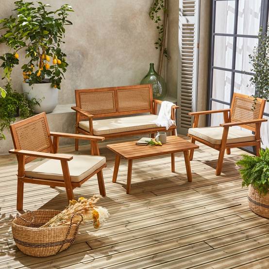 Salon de jardin. Bohémia. cannage rond. canapé 2 places. 2 fauteuils. 1 table basse 117x64x74 cm | sweeek - Image 1