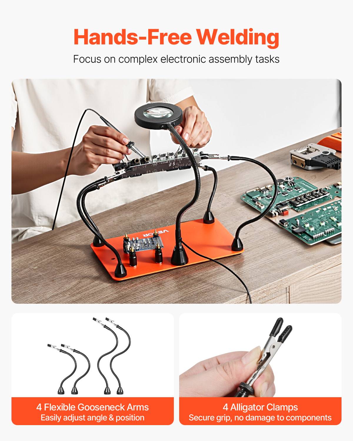 Vevor - VEVOR Troisième main soudure 4 bras, station magnétique avec loupe LED 3X, éclairage réglable, idéale pour réparations électroniques et bricolage. - Image 4