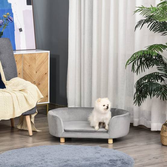 Sans Marque - Petit canapé chien pieds bois housse lavable coussin amovible 86x55x33 cm gris clair - Image 3