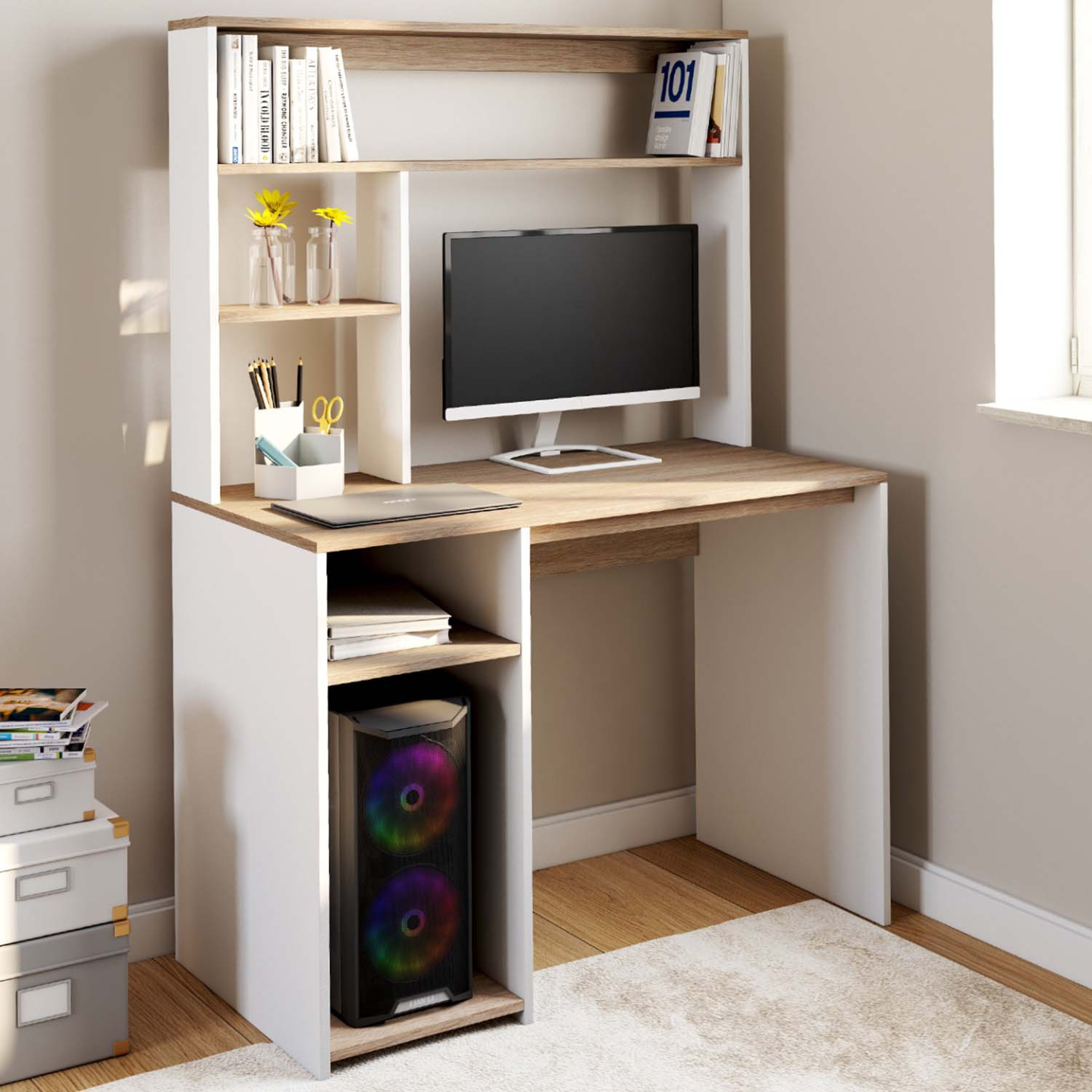 Bureau avec étagères de rangement DAN blanc et façon hêtre - Image 1