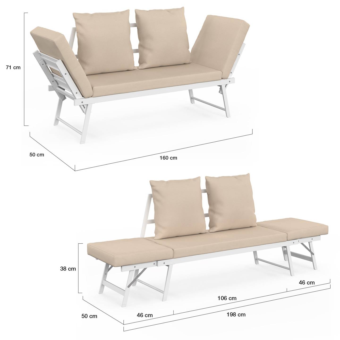 Canapé de jardin, banquette convertible NOLA 2/3 places avec accoudoirs inclinables métal blanc et coussins beige - Image 5