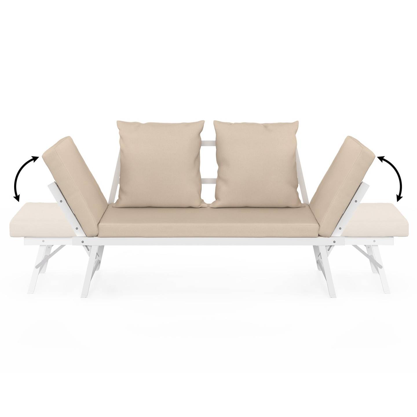Canapé de jardin, banquette convertible NOLA 2/3 places avec accoudoirs inclinables métal blanc et coussins beige - Image 6